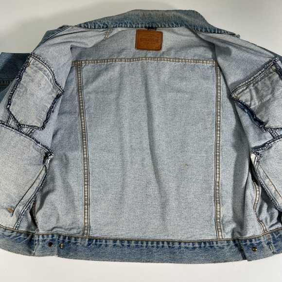 Vintage‎ Structure Distressed Jean Jacket Mens L Blue Denim Trucker Western 90s - Picture 8 of 14